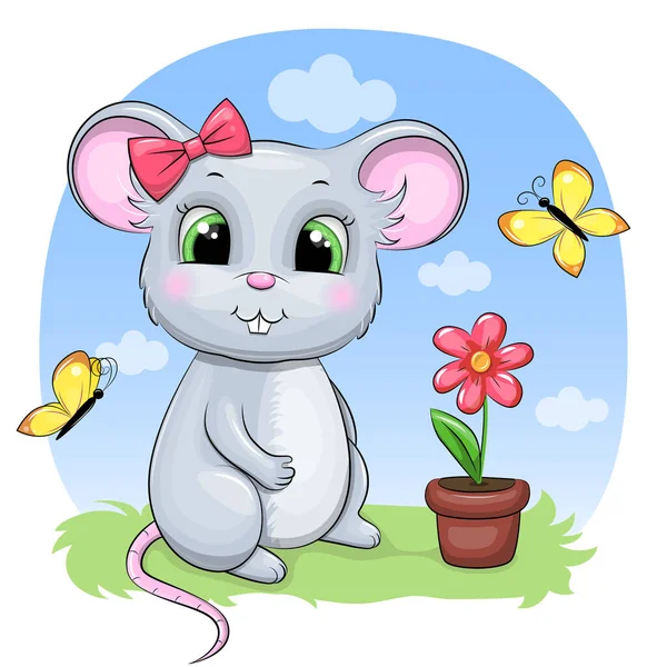 Rato Desenho Animado Bonito Com Borboletas Pote Flor Ilustração Vetorial — Vetor de Stock