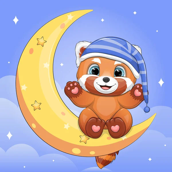 Cute Cartoon Red Panda Nightcap Sitting Moon Night Vector Illustration — Stock Vector