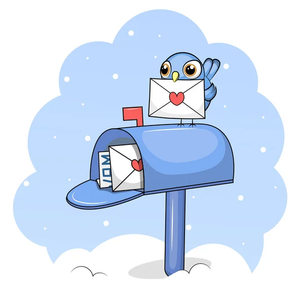 可爱的卡通信箱与鸟和一个信封 蓝底雪地上的冬季矢量图解 — 图库矢量图片
