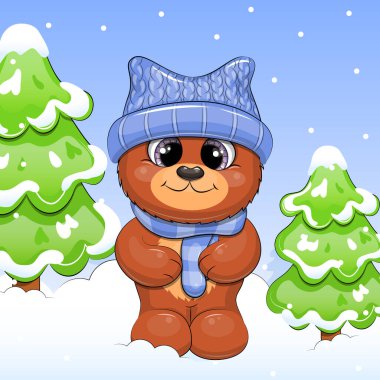 Şapka ve eşarp takmış sevimli çizgi film kahverengi ayısı. Mavi arka planda karlı ağaçlı bir hayvanın kış vektör çizimi.