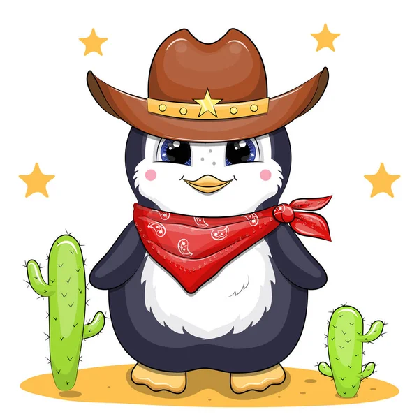 Netter Cartoon Pinguin Mit Cowboyhut Und Rotem Schal Vektoranimation Auf — Stockvektor