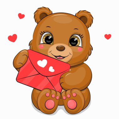 Şirin çizgi film kahverengi ayısı kırmızı bir aşk mektubu tutuyor. Beyaz arkaplan üzerinde kalpleri olan vektör hayvan çizimi.