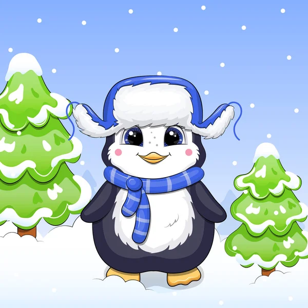 Lindo Pingüino Bebé Dibujos Animados Sombrero Invierno Azul Con Orejeras — Vector de stock