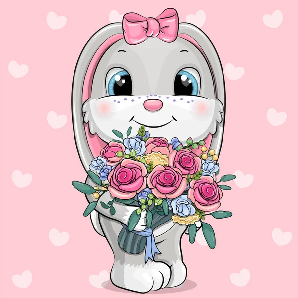 可爱的卡通片兔子女孩与一束花 红心的粉红背景动物的矢量图解 — 图库矢量图片