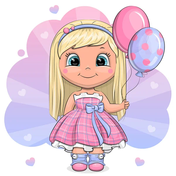 Cute Cartoon Girl Pink Dress Holding Two Balloons Vector Illustration — Stock Vector