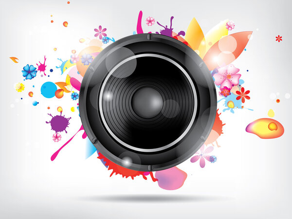 Абстрактная площадка с сабвуфером и цветочными элементами
