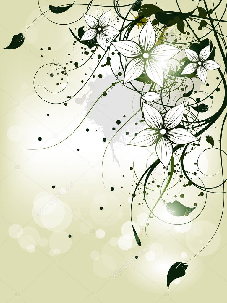 Floral spring background with flowers and swirls