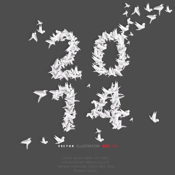 Numero 2014 con uccelli origami — Vettoriale Stock