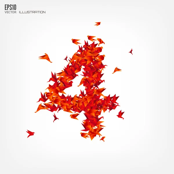 Número 4. Números con origami pájaro de papel sobre fondo abstracto — Vector de stock