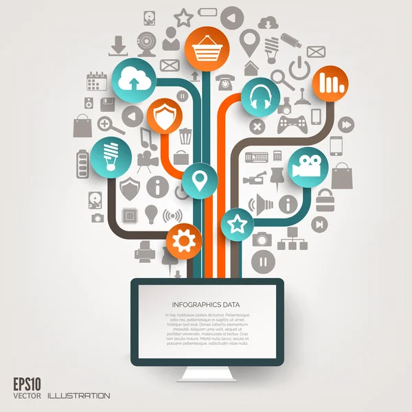 Pictogram boom. vlakke abstracte achtergrond met web pictogrammen. interface-symbolen. cloud computing. mobiele devices.business begrip. — Stockvector