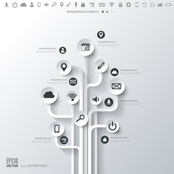 Árbol de iconos. Fondo plano abstracto con iconos web. Símbolos de interfaz. Computación en nube. Concepto de negocio . — Vector de stock