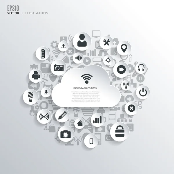 Fond abstrait plat avec des icônes web. Symboles d'interface. Cloud computing. Appareils mobiles . — Image vectorielle