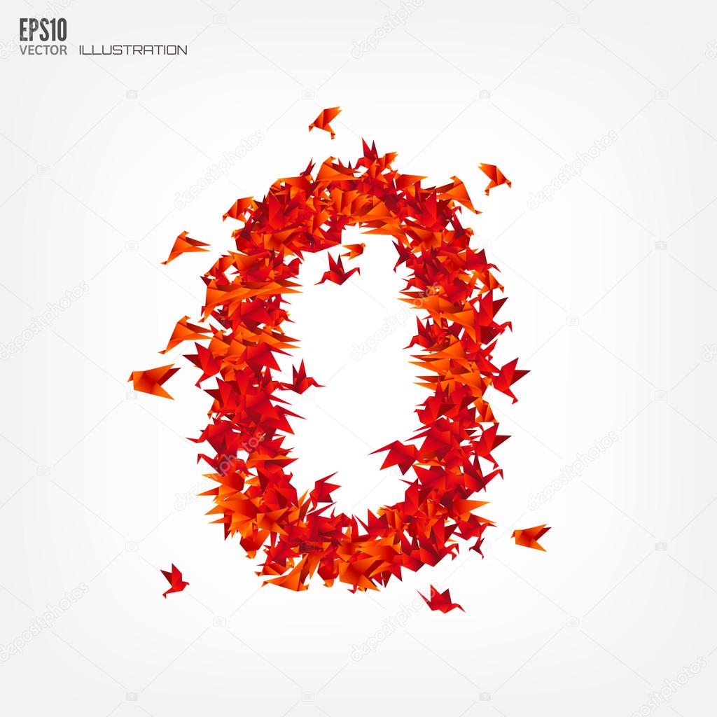 Number 0. Numbers with origami paper bird on abstract background