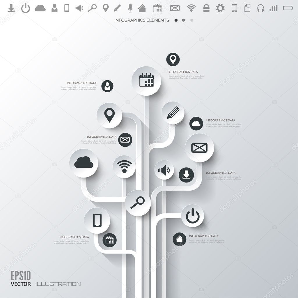 Icon tree. Flat abstract background with web icons. Interface symbols. Cloud computing. Mobile devices.Business concept.