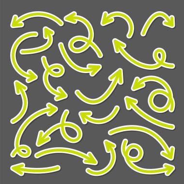 Renkli el çizimi ok çıkartmaları ayarlandı. Yeşil noktalar koleksiyonu. Farklı şekillerde basit oklar. Yön işaretleri. Vektör illüstrasyonu.