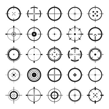Crosshair, silah görüş vektör simgeleri. Tam isabet, siyah hedef ya da nişan sembolü. Askeri tüfek dürbünü, işaret fişeği. Nişan alıyorum, nişan alıyorum. Okçuluk, avcılık ve spor atıcılığı. Oyun UI ögesi.