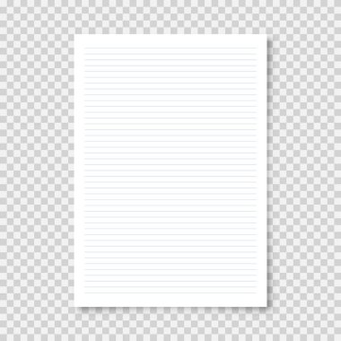 Şeffaf arkaplanda A4 formatında, gerçekçi, boş, kağıttan bir sayfa. Defter sayfası, belge. Tasarım şablonu veya maketi. Vektör illüstrasyonu.