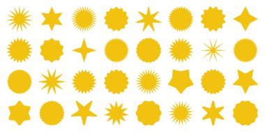 Retro yıldızlar, güneş patlaması sembolleri. Klasik güneş ışığı simgeleri. Sarı alışveriş etiketleri, indirim ya da indirim etiketleri, kalite etiketleri. Özel fiyat etiketi, terfi rozeti. Vektör illüstrasyonu.