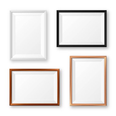 Gerçekçi izole edilmiş siyah, beyaz ve tahta çerçeveli gölgeler. Boş poster maketi. Boş fotoğraf çerçevesi. Vektör illüstrasyonu.