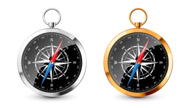 Gerçekçi gümüş, deniz rüzgarlı altın rengi pusula Kuzey, Doğu, Güney ve Batı 'nın ana yönleri. Parlak metal seyir pusulası. Harita ve navigasyon. Vektör illüstrasyonu.