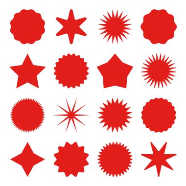 Retro yıldızlar, güneş patlaması sembolleri. Klasik güneş ışığı simgeleri. Kırmızı alışveriş etiketleri, indirim ya da indirim etiketleri, kalite notu. Özel fiyat etiketi, terfi rozeti. Vektör illüstrasyonu