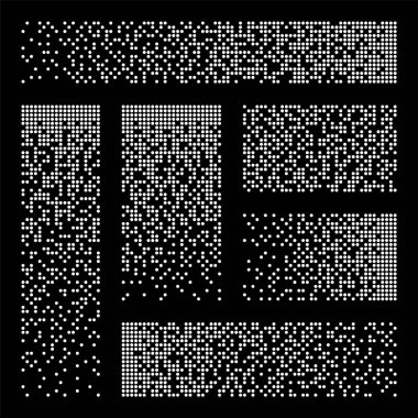 Piksel ayrışması, bozulma etkisi. Yuvarlak şekillerden oluşan çeşitli dikdörtgen elementler. Dağılmış noktalı desen. Basit parçacıkların mozaik dokusu. Vektör illüstrasyonu.