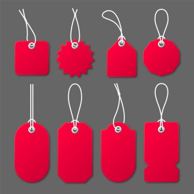 Gri arka planda beyaz ipli gerçekçi kırmızı fiyat etiketleri. Özel teklif ya da indirim etiketi. Satış kağıdı çıkartması. Promosyon satış rozeti. Vektör illüstrasyonu.