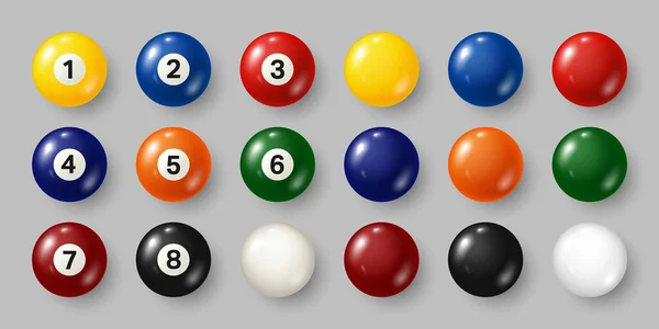 Buntes Billard, Billardkugeln mit Zahlen auf grauem Hintergrund. Realistischer Hochglanz-Snookerball. Vektorillustration. — Stockvektor