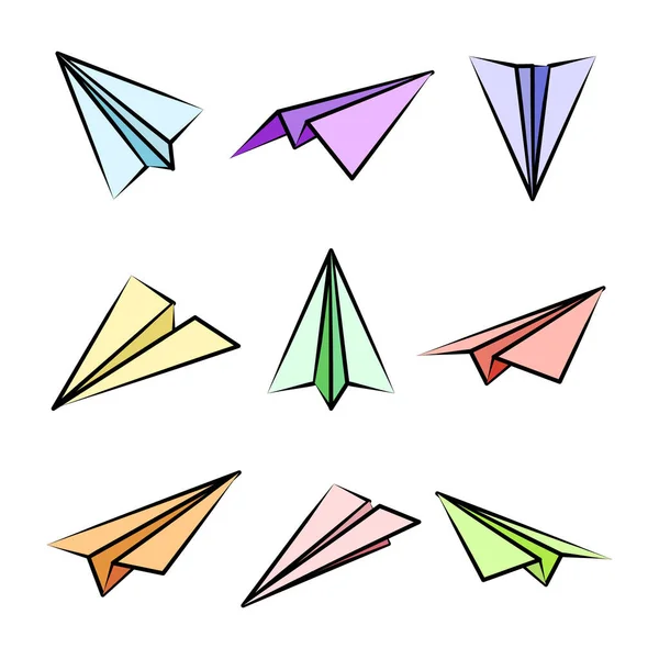 Divers avions en papier dessinés à la main. Avions doodle colorés. Icône d'avion, silhouettes d'avion simples. Schéma, art linéaire. Illustration vectorielle. — Image vectorielle