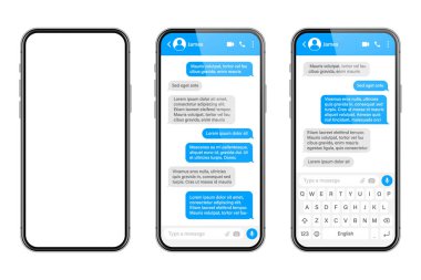 Mesajlaşma uygulaması olan gerçekçi bir akıllı telefon. SMS metin çerçevesi. Mavi ileti baloncukları ve yer tutucu metin ile sohbet ekranı. Sosyal medya uygulaması. Vektör illüstrasyonu.