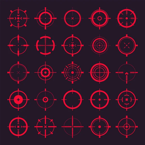 Κρόσερ, εικόνες διανυσματικών σκόπευσης όπλου. Bullseye, κόκκινο στόχο ή σύμβολο στόχο. Στρατιωτικό σκόπευτρο, σημάδι πυροβολισμού. Στοχεύω, στοχεύω για βολή. Τοξοβολία, κυνήγι και σκοποβολή. Στοιχείο UI παιχνιδιού. — Διανυσματικό Αρχείο
