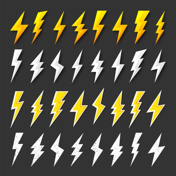 White and yellow lightning bolt icons collection. Vintage flash symbol, thunderbolt with grunge texture. Simple lightning strike sign. Vector illustration. — Stock Vector