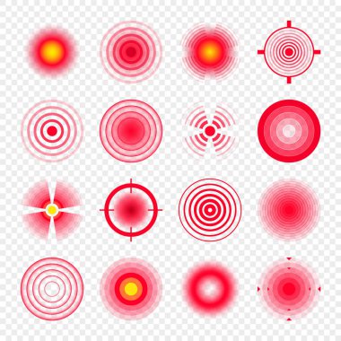 Ağrı yerelleştirme izleri. Ağrılı bölge, ağrılı nokta. Kırmızı daireler, hedefler. Baş ağrısı, çürük vücut parçaları. Sırt, boyun, kas ağrısı sembolü. Sağlık hizmeti reklamı, tıbbi bilgiler. Vektör illüstrasyonu.
