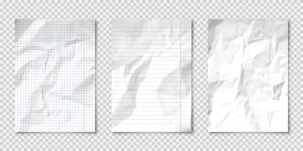 Реалистичные чистые скомканные листы бумаги формата А4 на прозрачном фоне. Страница с записной книгой, документ. Дизайн шаблон или макет. Векторная иллюстрация. — стоковый вектор