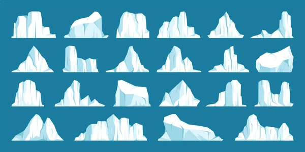 Coleção de icebergs flutuantes. Geleira ártica à deriva, bloco de água do oceano congelada. Montanhas geladas com neve. A derreter o pico de gelo. Paisagem nevada antártica. Pólo Sul e Norte. Ilustração vetorial. — Vetor de Stock