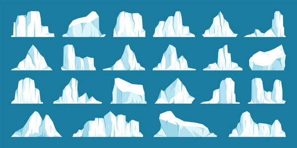 Floating icebergs collection. Drifting arctic glacier, block of frozen ocean water. Icy mountains with snow. Melting ice peak. Antarctic snowy landscape. South and North Pole. Vector illustration.