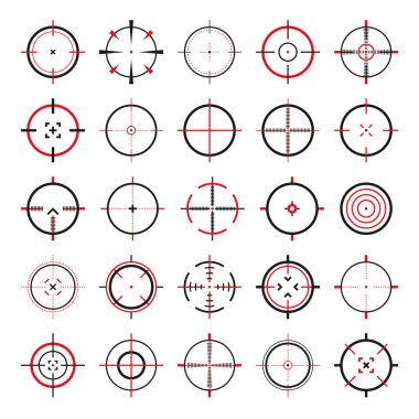Crosshair, silah görüş vektör simgeleri. Tam isabet, siyah hedef ya da nişan sembolü. Askeri tüfek dürbünü, işaret fişeği. Nişan alıyorum, nişan alıyorum. Okçuluk, avcılık ve spor atıcılığı. Oyun UI ögesi.