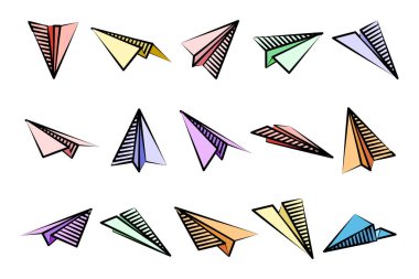 Çeşitli el yapımı kağıt uçaklar. Renkli karalama uçakları. Uçak ikonu, basit uçak siluetleri. Taslak, çizgi sanatı. Vektör illüstrasyonu.