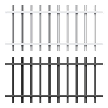 Beyaz arka planda izole edilmiş gerçekçi siyah ve gümüş metal hapishane parmaklıkları. Detaylı hapishane kafesi, demir parmaklıklar. Sabıka kaydı. Yaratıcı vektör illüstrasyonu.