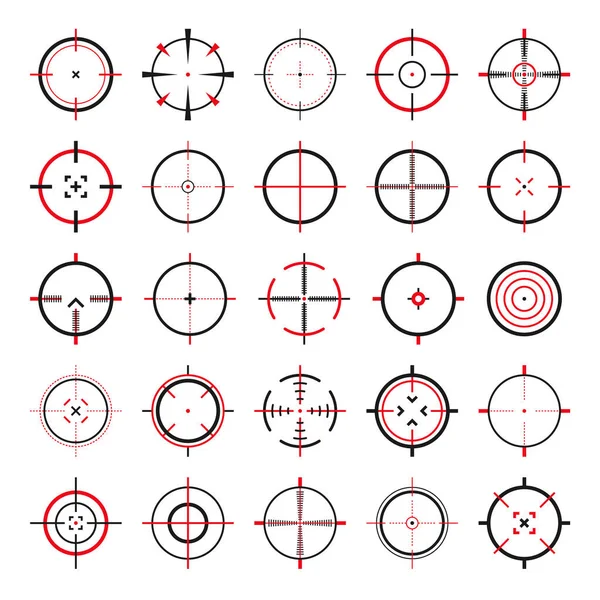 Crosshair, íconos vectoriales de armas. Ojo de toro, blanco negro o símbolo de puntería. Escándalo con rifle militar, señal de disparo. Apuntando, apuntando a un tiro. Tiro con arco, caza y tiro deportivo. Elemento interfaz de juego. — Archivo Imágenes Vectoriales