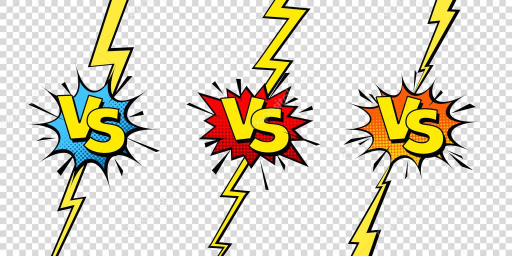 Comic challenge background. Cartoon battle, fight border. Versus or vs frame with lightning. Sports team competition poster. Vector illustration.