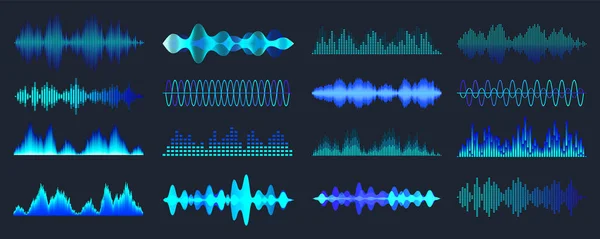 Коллекция звуковых волн голубого цвета. Аналоговый и цифровой аудиосигнал. Музыкальный уравнитель. Запись помех. Высокочастотная радиоволна. Векторная иллюстрация. — стоковый вектор
