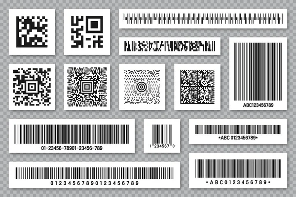 Conjunto de códigos de barras de produtos e códigos QR. Código de identificação. Número de série, ID do produto com informação digital. Rótulos de varredura de loja ou supermercado, preço. Ilustração vetorial. — Vetor de Stock