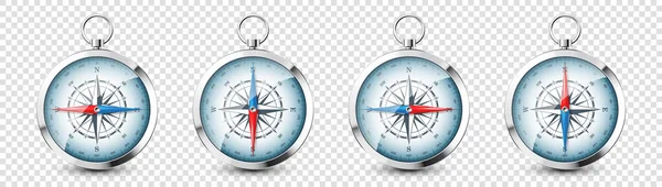 Realistický stříbrný retro kompas s mořskou větrnou růžicí a kardinálními směry severu, východu, jihu a západu. Lesklý kovový navigační kompas. Kartografie a navigace. Vektorová ilustrace. — Stockový vektor