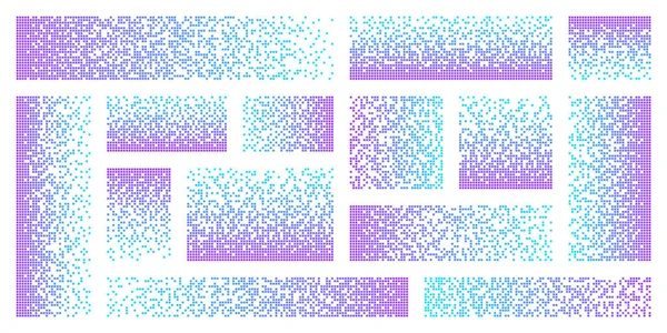 Desintegração de pixels, efeito de decaimento. Vários elementos retangulares feitos de formas quadradas coloridas. Padrão pontilhado disperso. Textura mosaica com partículas simples. Ilustração vetorial. — Vetor de Stock
