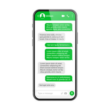 Mesajlaşma uygulaması olan gerçekçi bir akıllı telefon. SMS metin çerçevesi. Yeşil mesaj baloncukları ve yer tutucu metin ile sohbet ekranı. Sosyal medya uygulaması. Vektör illüstrasyonu.