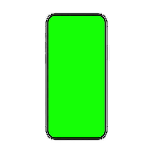 Реалистичный смартфон с чистым сенсорным экраном и зеленым цветовым фоном. Бескадровый мобильный телефон перед входом. Высококачественный детальный макет устройства. Шаблон фона экрана. Векторная иллюстрация. — стоковый вектор