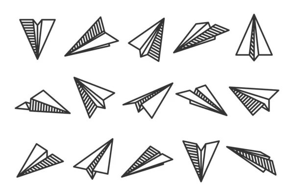 Vários aviões de papel desenhados à mão. Aviões pretos com rabiscos. Ícone de aeronave, silhuetas simples de avião monocromático. Esboço, arte de linha. Ilustração vetorial. — Vetor de Stock