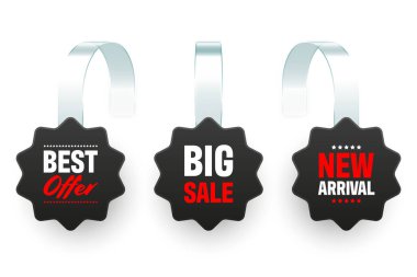 Süpermarket tanıtım sallantıları beyaz arka planda izole edilmiş. Rafların reklamını yapmak için gerçekçi bir şablon. Reklam metniyle indirimli veya indirimli etiket. Özel fiyat etiketi. Vektör illüstrasyonu.