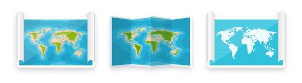 뒤섞인 세계 지도는 평평 한 형태로 되어 있다. 그림자가 있는 간단 한 종이 지도. 항행, 루트, 도로 여행 계획. 벡터 일러스트. — 스톡 벡터